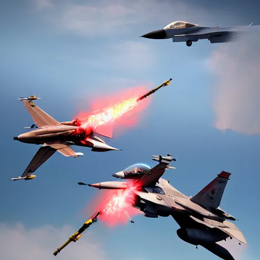 Image similar to aerial combat between an f16 and a red dragon highly realistic by Andrea Chiampo, artstation and Frederik Heyman, extremely detailed, stunning volumetric lighting, hyper realism, fantasy 4k