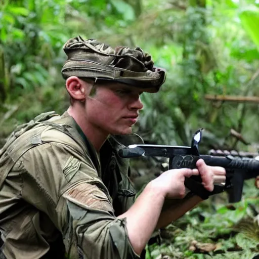 Image similar to elisha cutbert as a commando in a jungle battlefield