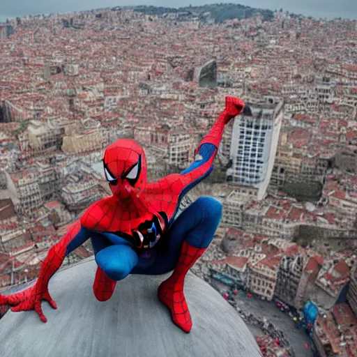 Image similar to Spider-man on top of the Galata Tower in Istanbul, photorealistic, 4K, 200mm lens