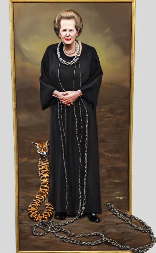 Prompt: an oil portrait of margaret thatcher in ceremonial robe keeping distressed servals in chains at her feet, high quality, artstation, higly detailed, dark lighting