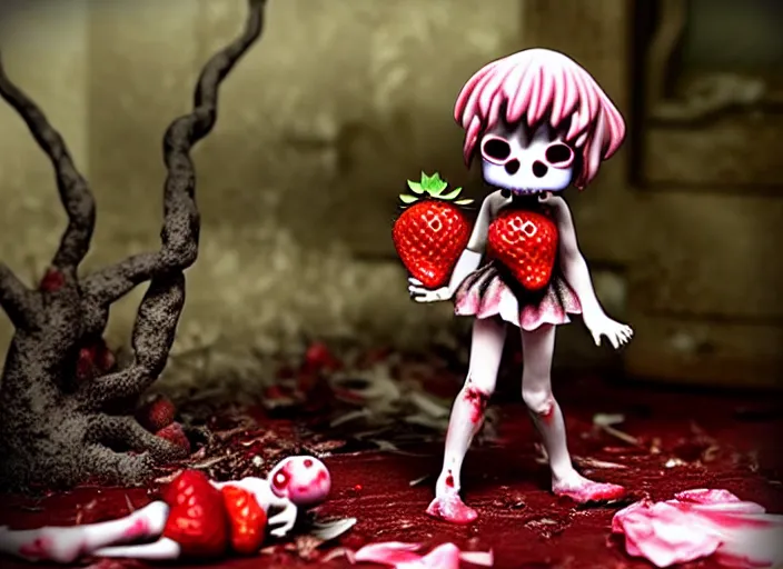 Image similar to a very depressing femo figurine of a cute funny undead strawberry fairy zombie with bandages wearing a dirty floral torn strawberry dress featured on resident evil by david cronenberg and gamesworkshop, carrying survival gear, wearing strawberry backpack, shambling aimlessly in the night, dark melancholic atmosphere, 🎀 🧟 🍓 🧚