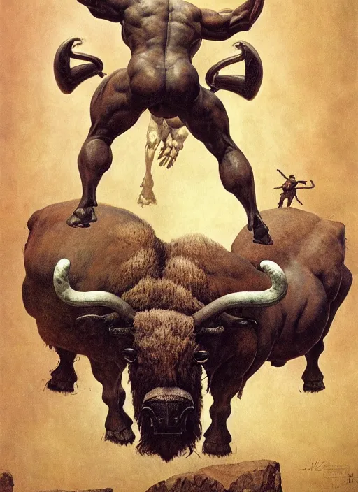 Prompt: upper body portrait of a massive metal bison-headed minotaur, by frank frazetta and lawrence alma-tadema and zdzislaw beksinski and norman rockwell and jack kirby, artstation