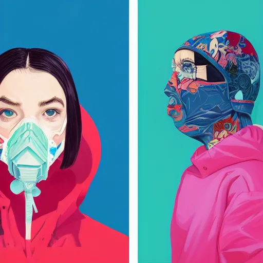 Image similar to Fashion weak portrait of people with sanitary mask, Tristan Eaton, artgerm, Victo Ngai, RHADS, ross draws