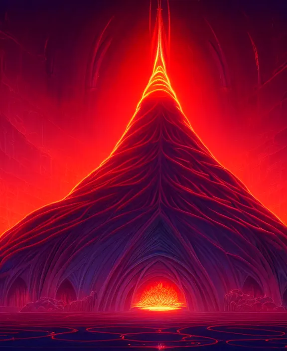 Prompt: simplicity, a cathedral made out of elegant biological forms, in the style of a spaceship, hell, fire, brimstone, lava, by dan mumford, yusuke murata, makoto shinkai, ross tran, cinematic, unreal engine, cel shaded, featured on artstation, pixiv