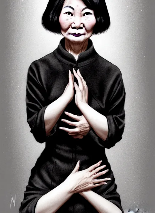 Image similar to portrait of a middle - aged asian woman with a crooked nose and a confident expression, 1 9 6 0 s, black clothes, goth, punk, brightly coloured hair, funk, intricate, elegant, highly detailed, digital painting, artstation, concept art, smooth, sharp focus, illustration, art by wlop, mars ravelo and greg rutkowski