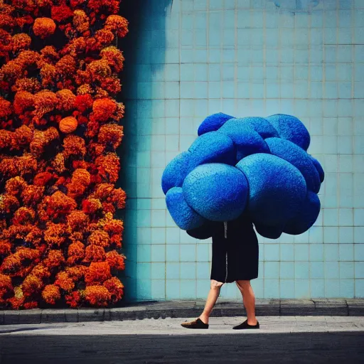 Image similar to giant flower head, woman walking through city, surreal photography, cinematic, blue sky, symmetry, detailed, retro, wes anderson