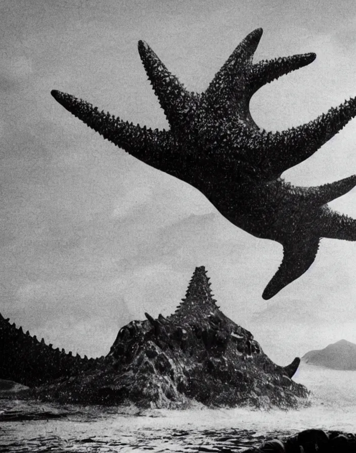 Image similar to a filmstill of a north korean monster movie, kaiju - eiga monster starfish - like trampling a traditional korean palace, foggy, film noir, video compression