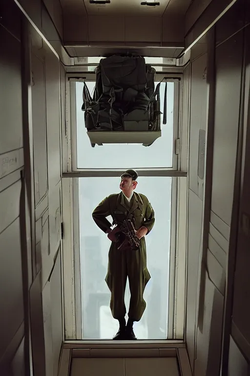 Image similar to kodak portra 5 0 mm f 4 full body portrait photography of a wwii airborne infantry soldier who's a mix of gillian anderson and adam driver, looking exhausted, setting is inside a sci fi megastructure tower looking out a window, photo by erwin olaf