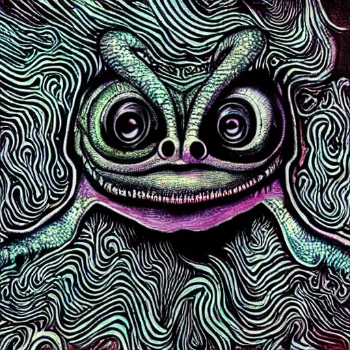 Prompt: closeup of an adorable, eldritch frog abomination of unimaginable horror by h. r. giger and junji ito, speculative evolution, psychedelic illustration, op art with big bold patterns