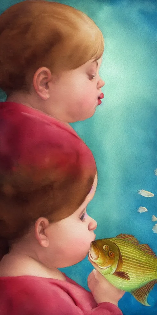 Prompt: a hype realistic oil painting of the most cute little fat girl kissing a huge colorful cute fish. hype realistic scene. old photography style. studio lighting. window. 3 d, octane render, deep focus, fashion style, white scene. very funny and sweet art. unreal engine. watercolor. fellini style. poster quality. da vinci painting style. illustration.