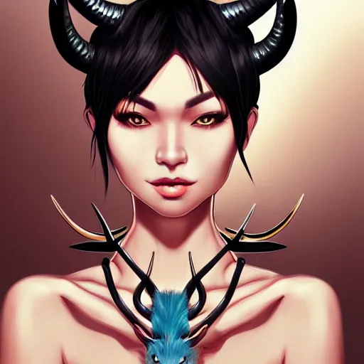 Image similar to illustrated realistic portrait of prong-horned devil woman with blue bob hairstyle and her tan colored skin and with solid black eyes wearing leather by rossdraws