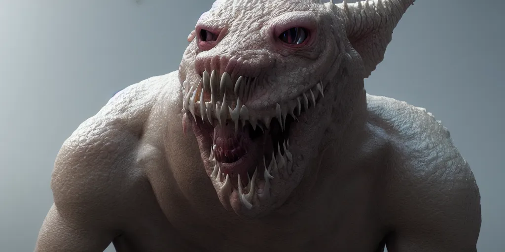 Prompt: a pale skin fauna monster by neville page, ken barthelmey, carlos huante and doug chiang, sharp focus, trending on artstation, hyper realism, octane render, 8 k, hyper detailed, ultra detailed, highly detailed, zbrush, concept art, creature design