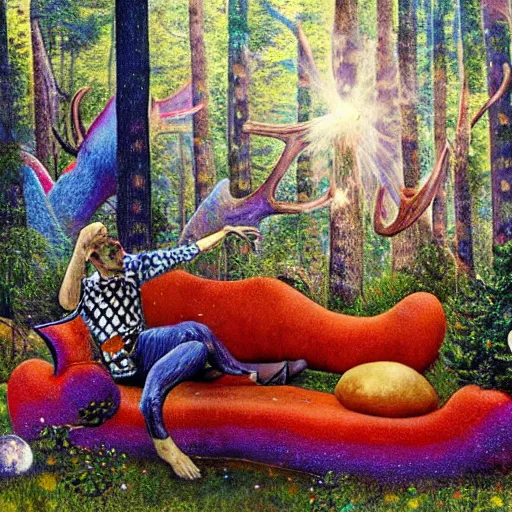 Prompt: psychedelic couch sofa in the lush pine forest, milky way, moose antlers, designed by arnold bocklin, jules bastien - lepage, tarsila do amaral, wayne barlowe and gustave baumann, cheval michael, trending on artstation, star, sharp focus, colorful refracted sparkles and lines, soft light, 8 k 4 k