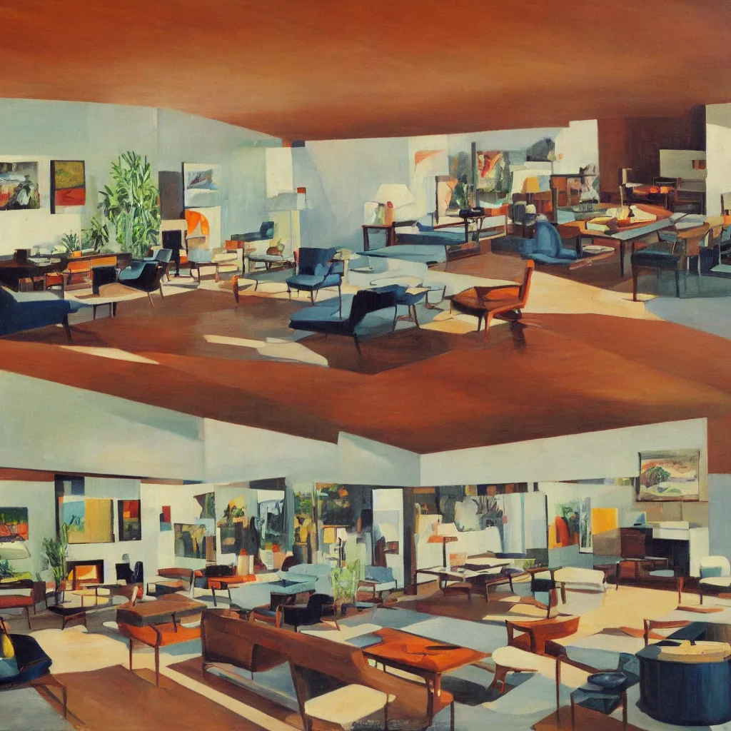 Image similar to an oil painting of the interior of a mid century modern house designed by both frank lloyd right and richard sera in palm springs