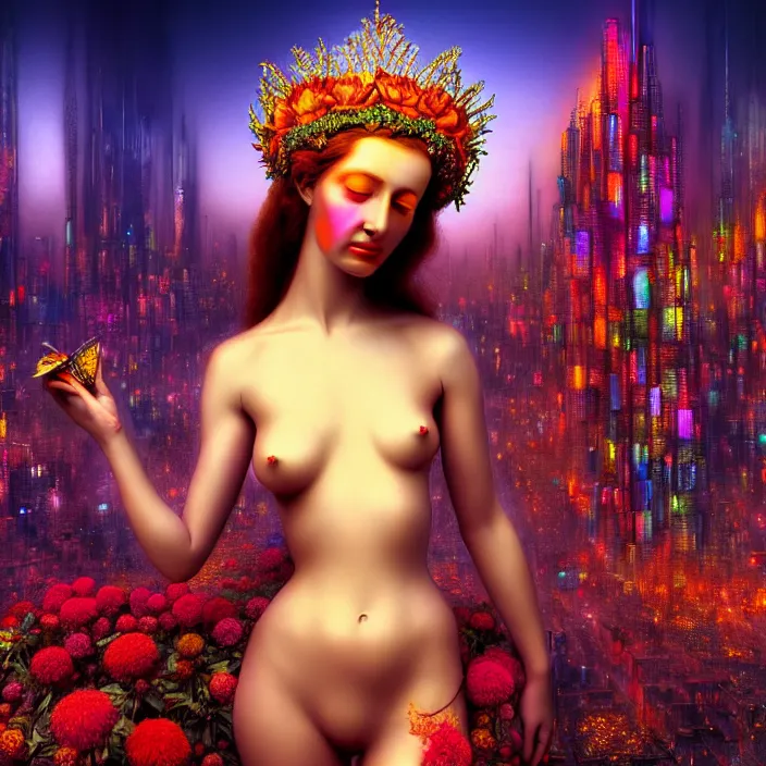 Image similar to Beautiful 3d render of the flower queen goddess in a sensual pose, in the style of Johfra Bosschart, with a crowded futuristic cyberpunk city in the background, astrophotgraphy