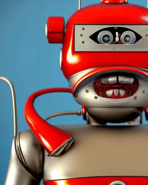 Image similar to highly detailed closeup, face profile portrait of a tin toy retro 1 9 5 0 s robot, bikini, unreal engine, max fleischer, global illumination, detailed and intricate environment
