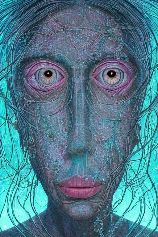 Image similar to dark underwater portrait of one bioluminescent old woman, with cracked reaction diffusion semi - transparent skin. multicolored fish scales, face closeup. long intricate dark hair. good face proportions. with many jellyfishes. very high detail, illustration, by alex grey and ilya kuvshinov