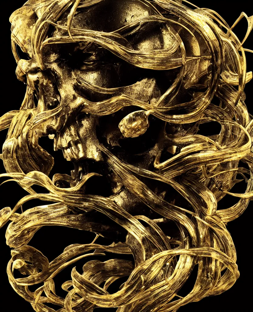 Image similar to fully black background. background hex 000000. goddess princess face close-up portrait ram skull. sculpture made of gold and black charcoal. jellyfish phoenix head, nautilus, orchid, skull, betta fish, bioluminiscent creatures, intricate artwork by Tooth Wu and wlop and beeple. octane render, trending on artstation, greg rutkowski very coherent symmetrical artwork. cinematic, hyper realism, high detail, octane render, 8k