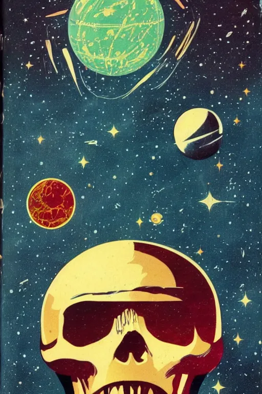 Prompt: vintage sci-fi book cover, depicting a gigantic chrome skull in space, stars and planets visible, highlights, nebula, color bleed, film grain