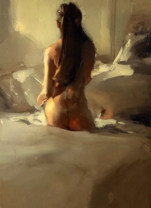 Prompt: beautiful portrait painting of a woman with a ponytail posing in an artistic pose over a bed, by jeremy mann, only one head single portrait