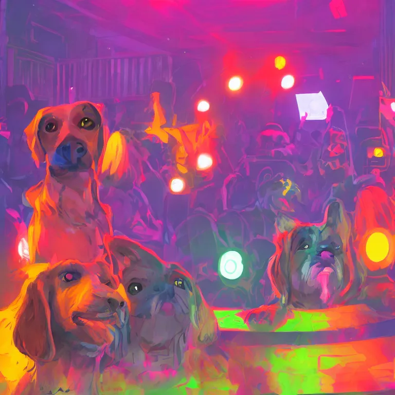 Prompt: two dogs, watching a pop concert, bright colorful lights, crowded, excited atmosphere, digital art, concept art, trending on artstation, cinematic lighting