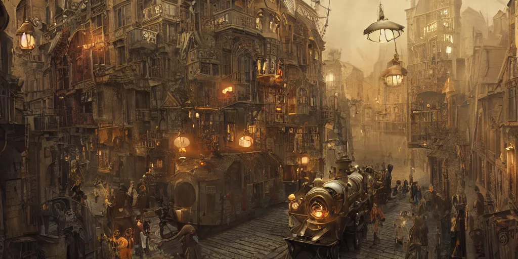 Prompt: a film still from jean - pierre jeunet by james paick - a steampunk victorian city, vibrant, 5 0 mm lens, movie environment design, behance hd, dramatic lighting, cinematic, global illumination, deviant art, trending on artstation, bloom