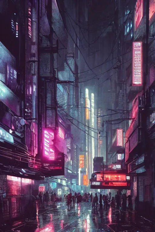 Image similar to a brutalist cyberpunk city street at night, raily season, very wet, neon lights and adds, architecture, a realistic digital painting by greg rutkowski and james gurney, trending on artstation, very highly detailed, 8 k