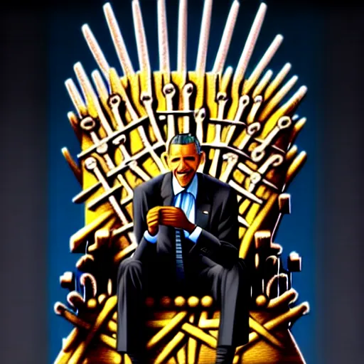 Image similar to barrack obama eating a cheese burger sitting on the iron throne, concept art, intricate, highly detailed, 8 k, trending on artstation, art greg rutkowski, by jordan grimmer