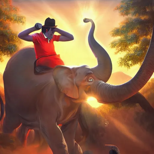 Image similar to Paul chuckle taking a selfie while riding an elephant, fantasy painting, soft lighting, artstation, 4k