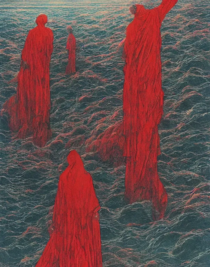 Image similar to worshippers in red robes belonging to the cult of the lighthouse clambering out of the water and entering the light house, high detailed beksinski painting, part by adrian ghenie and gerhard richter. art by takato yamamoto. masterpiece, deep colours, blue