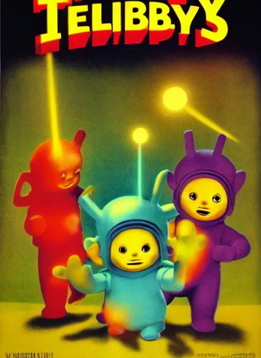 Prompt: teletubbies horror movie poster, high details, minimalist, by vincent di fate, artgerm julie bell beeple, 1960s, vintage 60s print, screen print