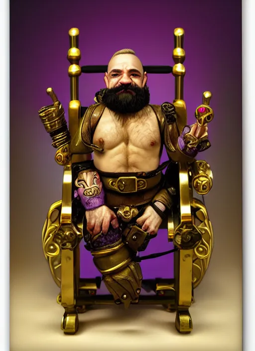 Image similar to dwarf fighter sitting in mechanical chair that has spider legs, gold and purple, exquisite details, black beard, white background, by studio muti