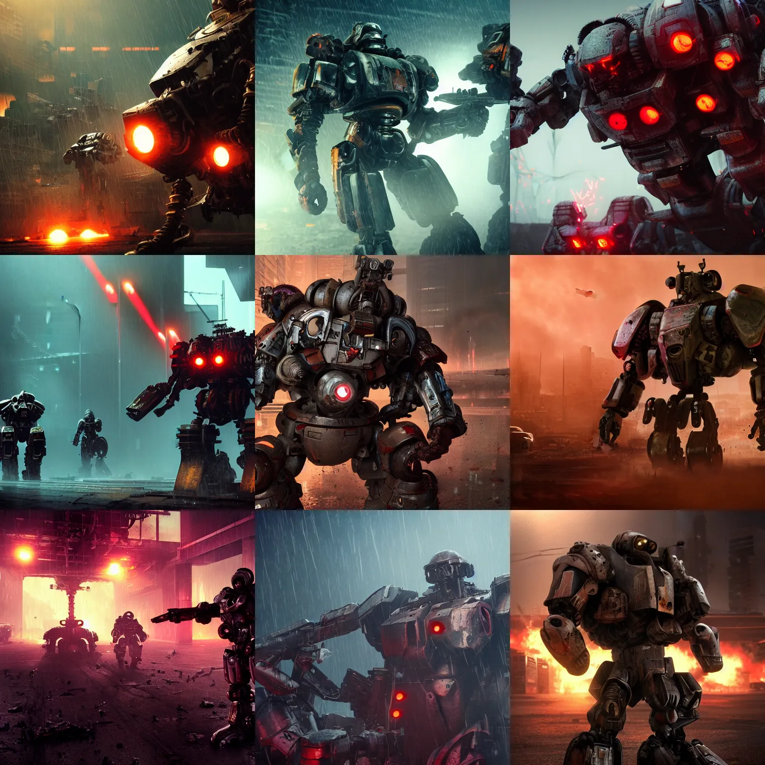 Prompt: old used mech warriors. main character in the focus. epic fight scene from the future. strong personalities and characters. tired, beaten mech bodies. neo noir style, rain, oil, blood everywhere, dramatic high contrast lighting. high action! unreal engine, octane 8 k game wallpaper. highly detailed futuristic scene. closeup, depth of field.