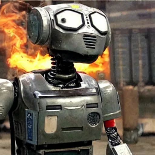 Image similar to chappie the robot, smoking a cigarette, tons of smoke