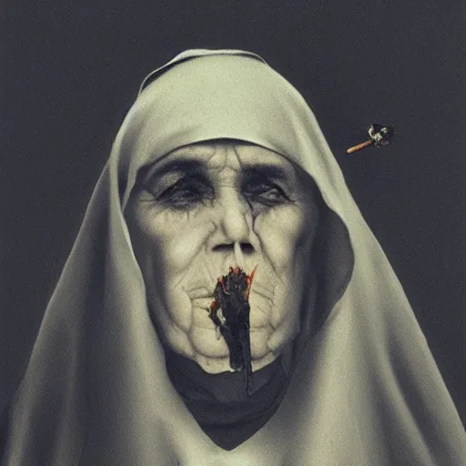 Prompt: a nun smoking a joint and puffing lots of smoke, her face is shadowed, minimalistic background, by Beksinski