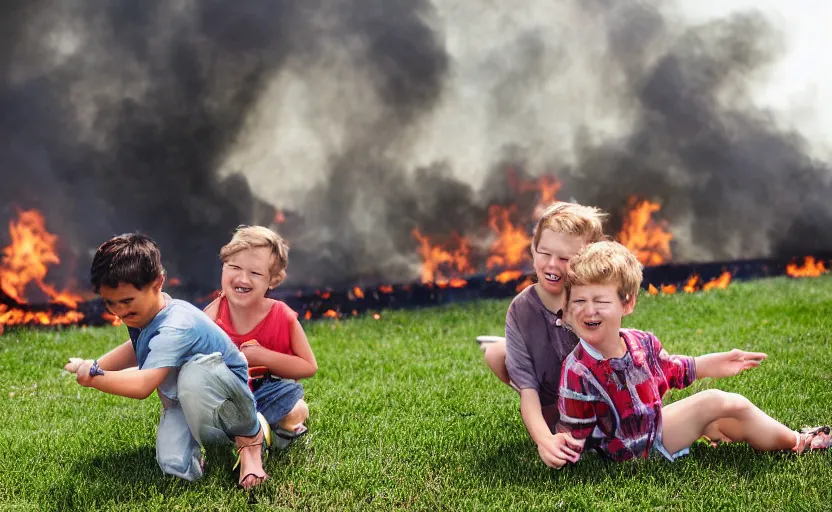 Prompt: a boy and girl playing in a grassy yard, laughing, house burning behind them, flames, afternoon
