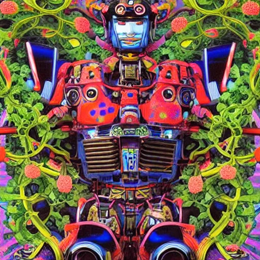 Prompt: colourful vfx art - portrait of army mecha robot wrapped in flowers & vines, art by utagawa kunisada & tadanori yokoo, volumetric light, ray tracing, sharp, detailed, digital painting, illustration, highly detailed, intricate detail, unreal engine, octane render, pinterest, behance, art station,