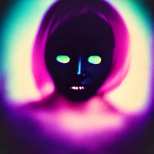 Image similar to grainy color polaroid of a beautiful feminine alien with thick black sludge seeping from her eyes, screaming while being consumed by darkness, iridescent eyes, dreamlike, intricate detail, sigma 85mm f/1.4, 4k, hd