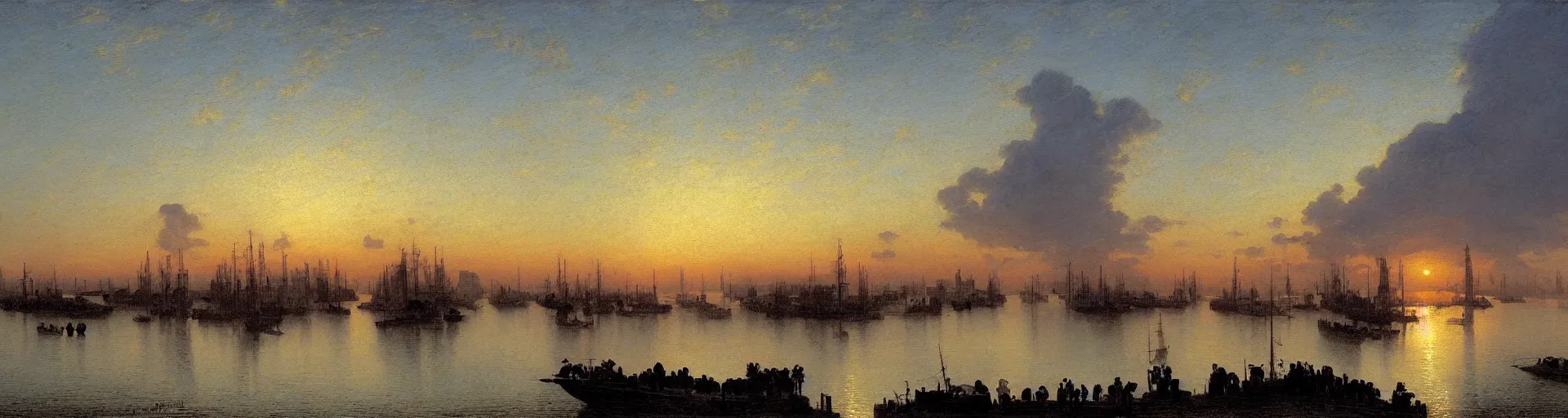 Prompt: view over a port, sunrise in july 1 8 0 0, romantic impressionism, artstation, illustration, oil on canvas, by caspar david friedrich