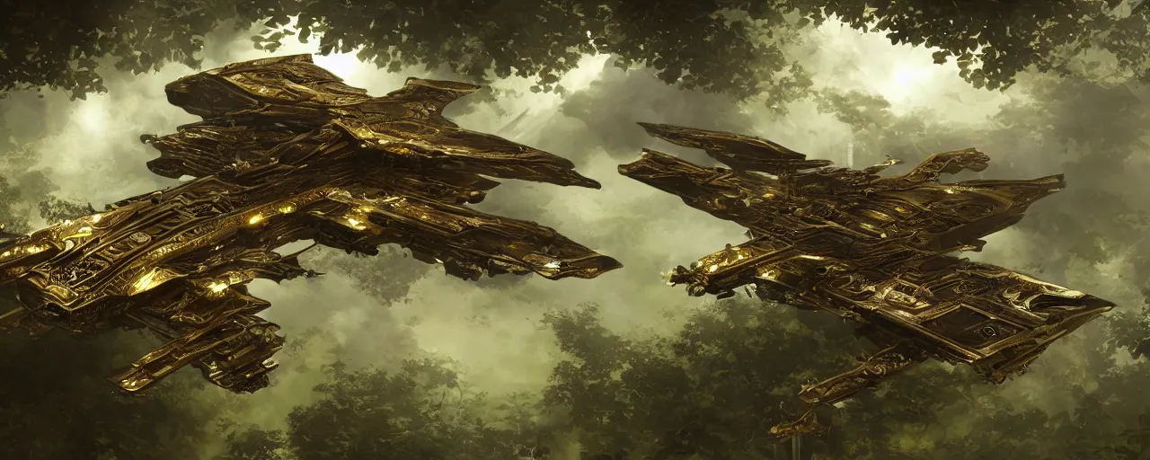 Image similar to a futuristic scientific flying steampunk fighter ship elegant, smooth, ornate with gold trimmings, by Craig Mullins and Scott Robertson, large steampunk space port inside a lush rainforest background by Dylan Cole and federico pelat, cinematic dappled lighting, hyper detailed hyper detailed, 8k, ultra realistic, cinematic lighting, ultra wide 35mm lens