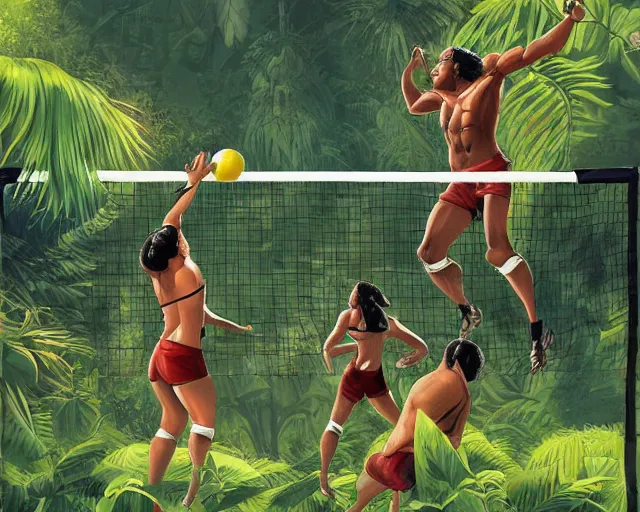 Prompt: gorillas playing volleyball in a jungle with a volleyball, volleyball net, digital illustration, inspired by greg rutkowski and artgerm, high detail