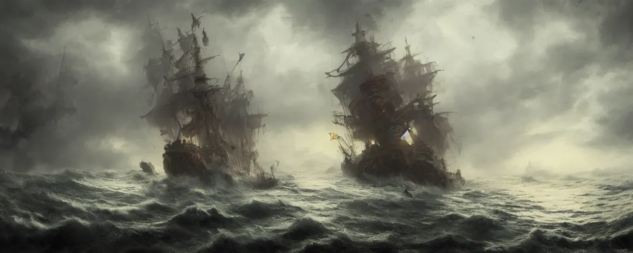 Image similar to fantasy ornate pirate warship on a stormy sea, fog, night, dramatic lighting, greg rutkowski, 4 k, artstation, matte painting, artstation