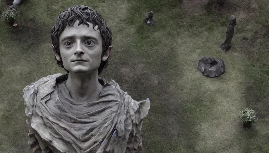 Prompt: tribute sculpture of elijah wood as frodo, cnn news footage taken from above.