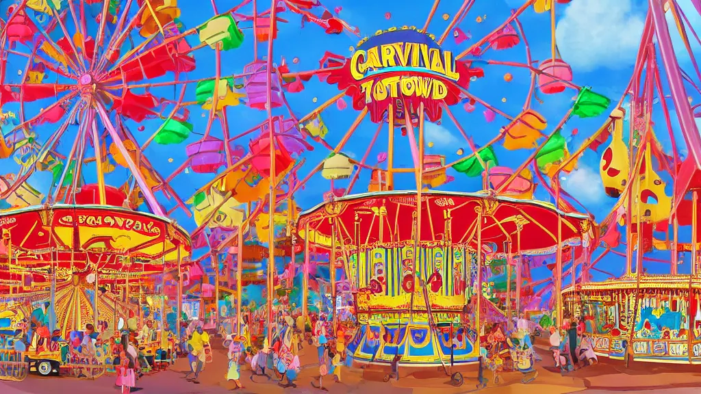 Image similar to carnival town, the horror carnival drawn in the style of a children's book. ferris wheel, circus tent, and carousel. disney style. cutesy, fun, and bright. color harmony, 8 k detail, gallery quality, hd wallpaper, premium prints available, hyper - detailed, intricate design.