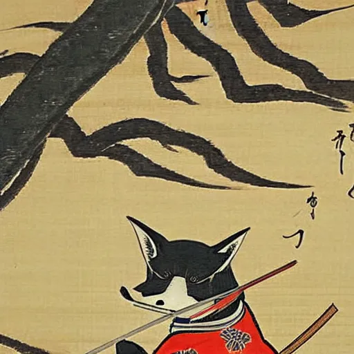 Image similar to samurai fox with a katana. sakura forest in the background. old japanese painting. fresco