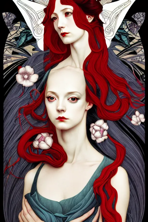 Image similar to a triad of winter muses, style blending æon flux, shepard fairey, botticelli, ivan bilibin, and john singer sargent, inspired by pre - raphaelites, shoujo manga, and harajuku fashion, stark landscape, muted dark colors, superfine inklines, ethereal, otherworldly, 4 k photorealistic, arnold render