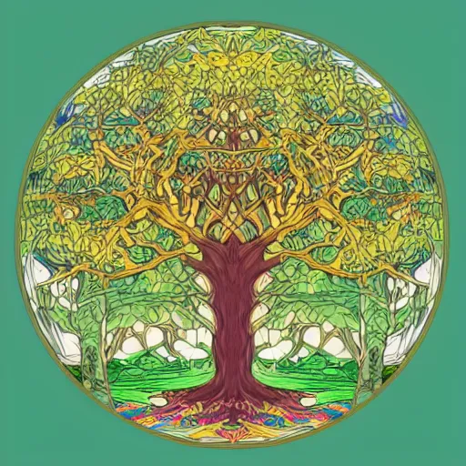 Prompt: world tree yggdrasil, lisa frank, clean cel shaded vector art. shutterstock. behance hd by william morris ford madox brown william powell frith frederic leighton john william waterhouse hildebrandt, illustration