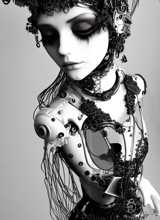 Image similar to black and white dreamy foggy poetic smoky profile face portrait, one silver steampunk realistic eye biomechanical beautiful angelic young female cyborg - robot bust, body ribs meshes,, volumetric light, hibiscus flowers, rim light, big gothic fashion pearl embroidered collar, 1 9 3 0, 8 k