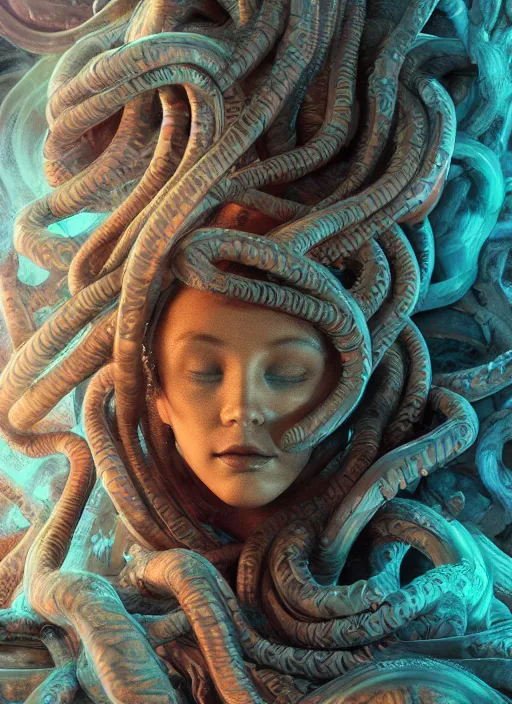 Image similar to biomechanical medusa made of soft wax, wooden art nouveau swirls, strong subsurface scattering, cables, tubes, subsurface scattering, in the style of ruan jia and beeple and giger, subsurface scattering, mystical colors, rim light, dramatic lighting, 8 k, stunning scene, raytracing, octane render, trending on artstation