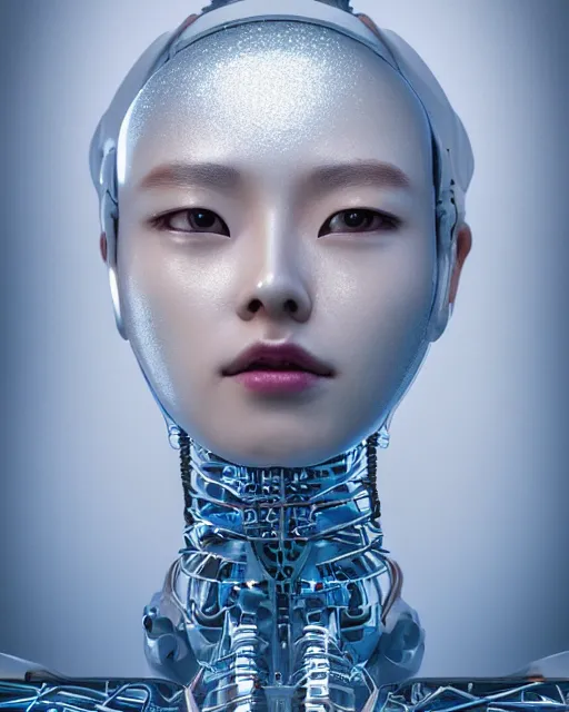 Image similar to beautiful centered fine art photo portrait of hoyeon jung as a solarpunk robotic humanoid, half body above water, white mechanical parts with led lights, ultra - realistic and detailed, white background, natural lighting, soft focus, slow exposure hdr 8 k